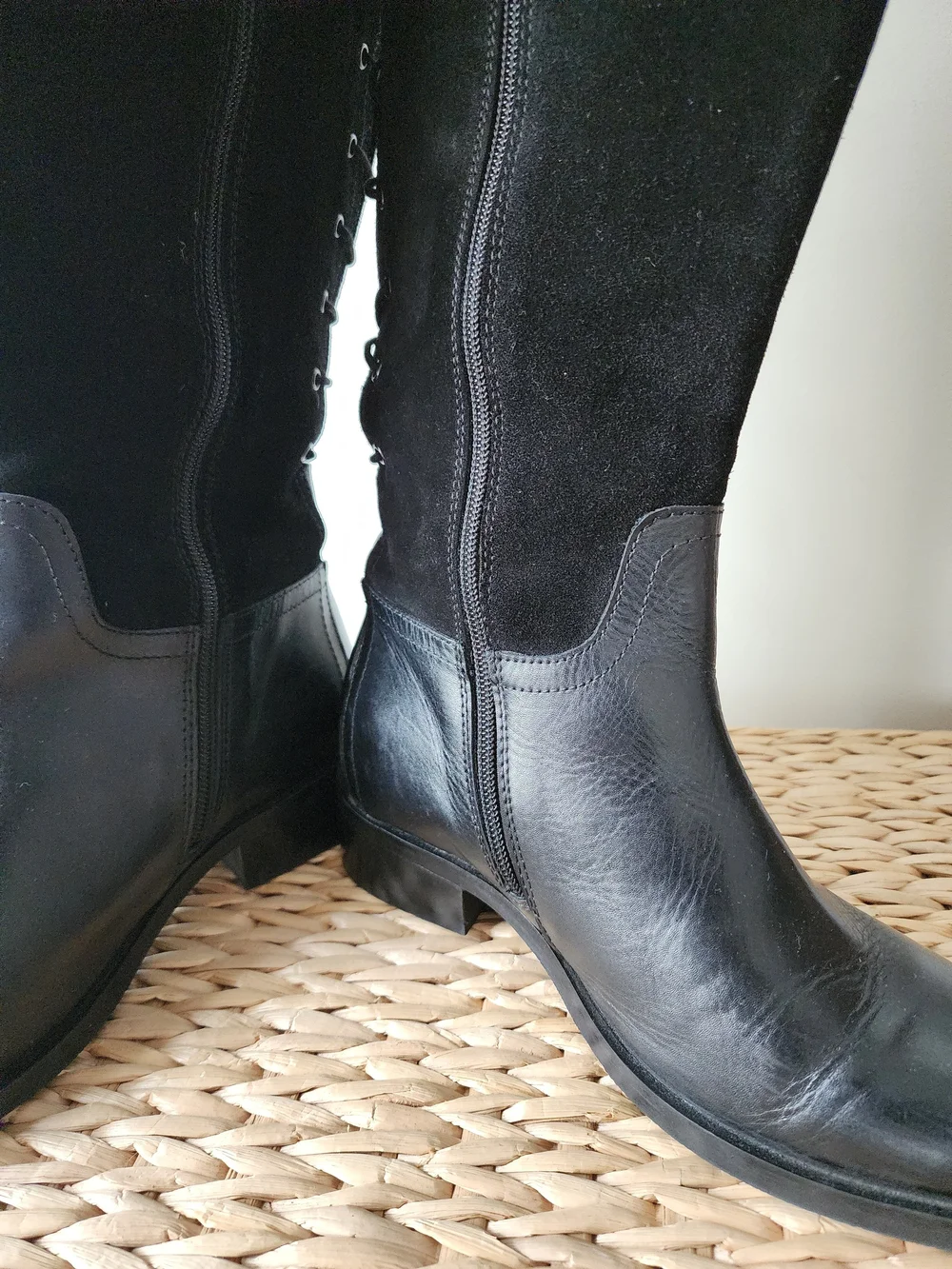 Women’s Black Lace-Up Knee-High Leather & Suede Boots (NWOT)